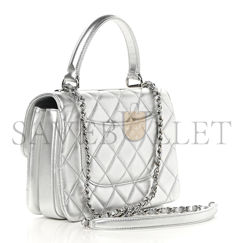 Ch**el metallic lambskin quilted small trendy cc flap dual handle bag silver (25*17*9cm)